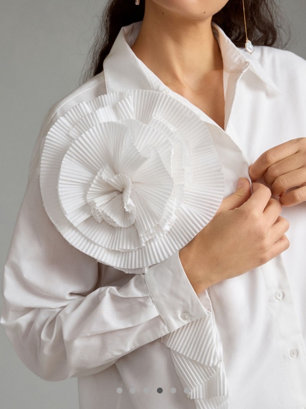 Anthropologie White Oversized Button-Down Shirt with Floral Appliqué - Picture 3 of 10